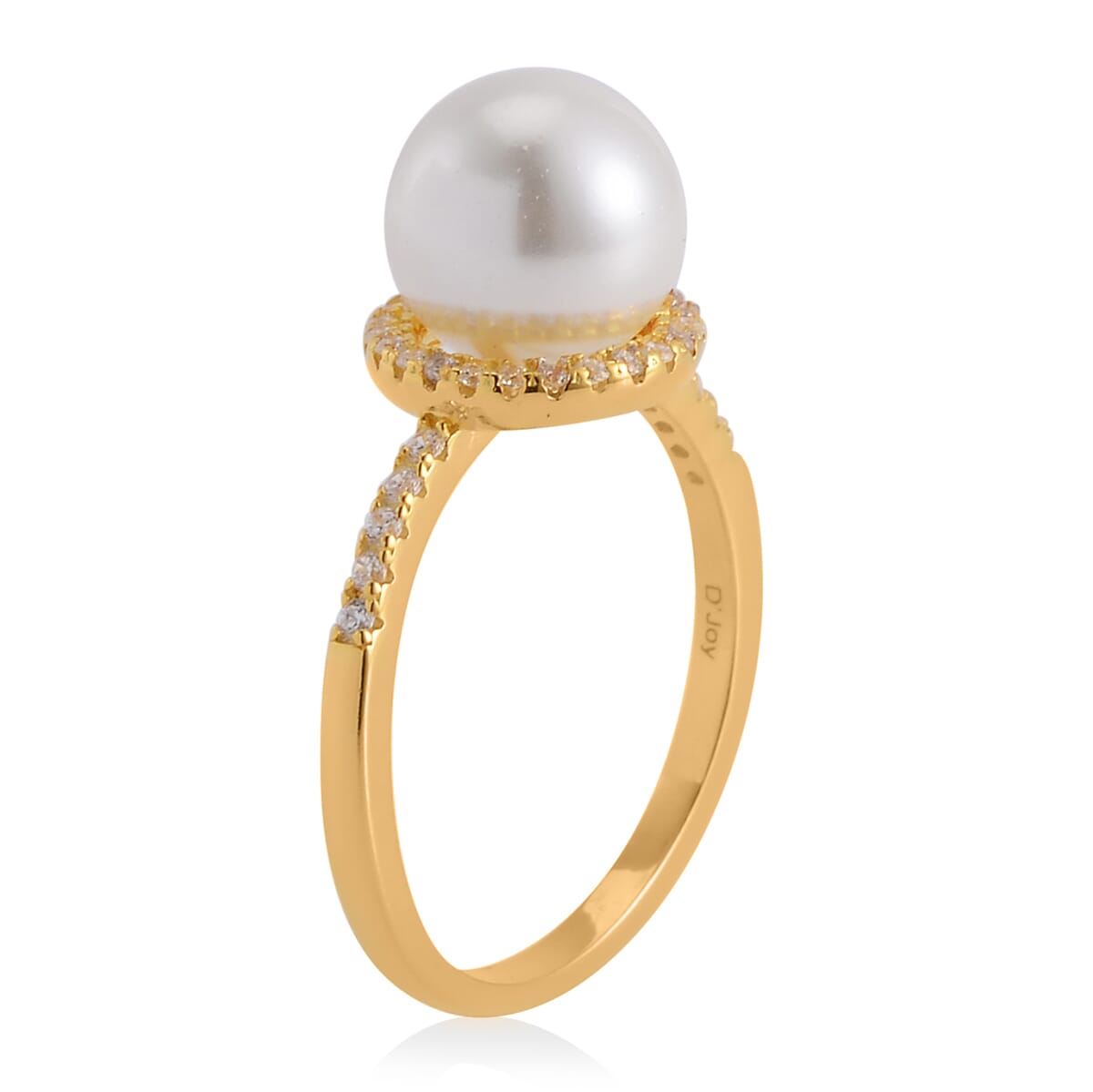 White Shell Pearl and Simulated Diamond Halo Ring in 14K Yellow Gold Over Sterling Silver (Size 9.0) 0.35 ctw image number 3