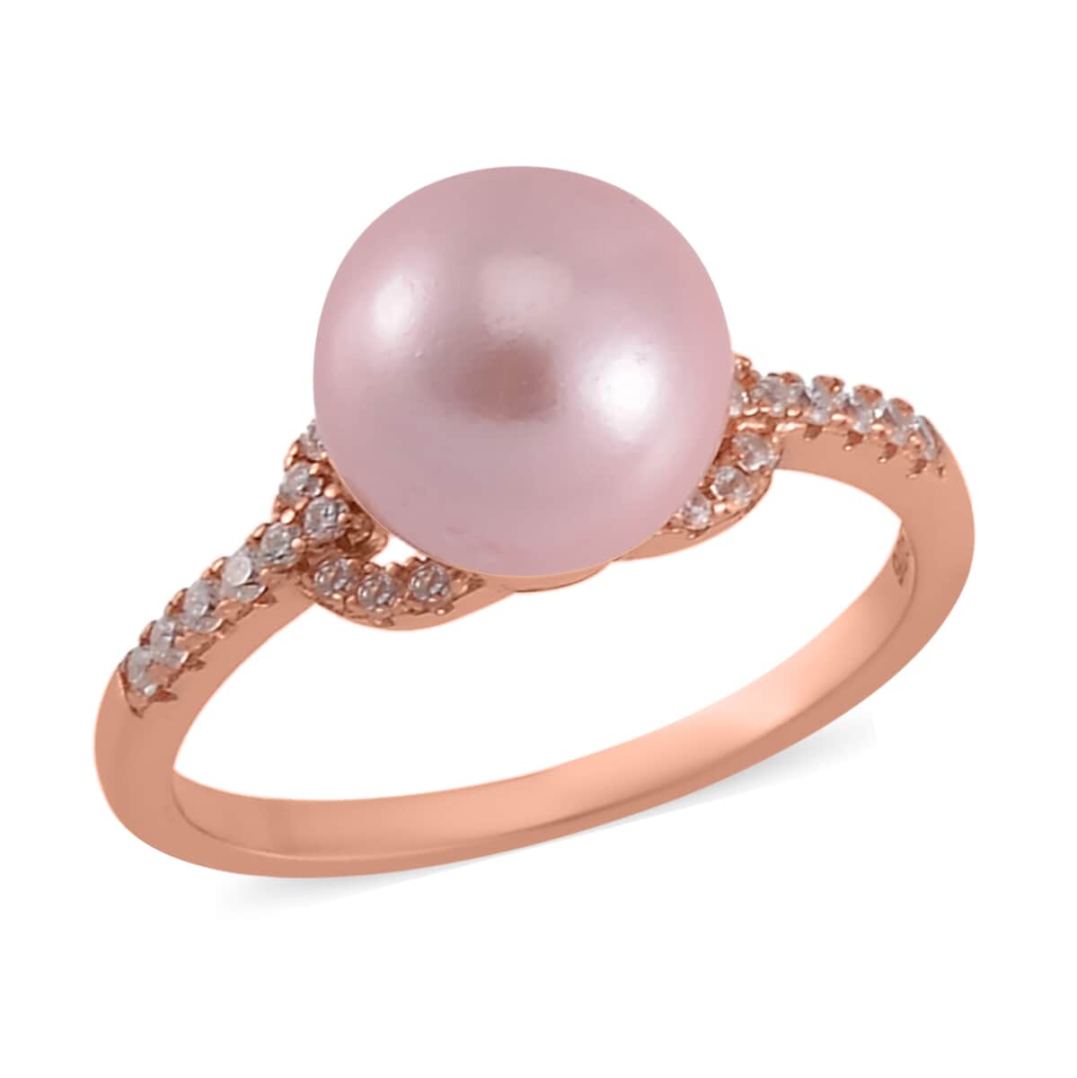 Pink Shell Pearl, Simulated Diamond Ring in 14K RG Over Sterling Silver (Size 10.0) 0.20 ctw image number 0