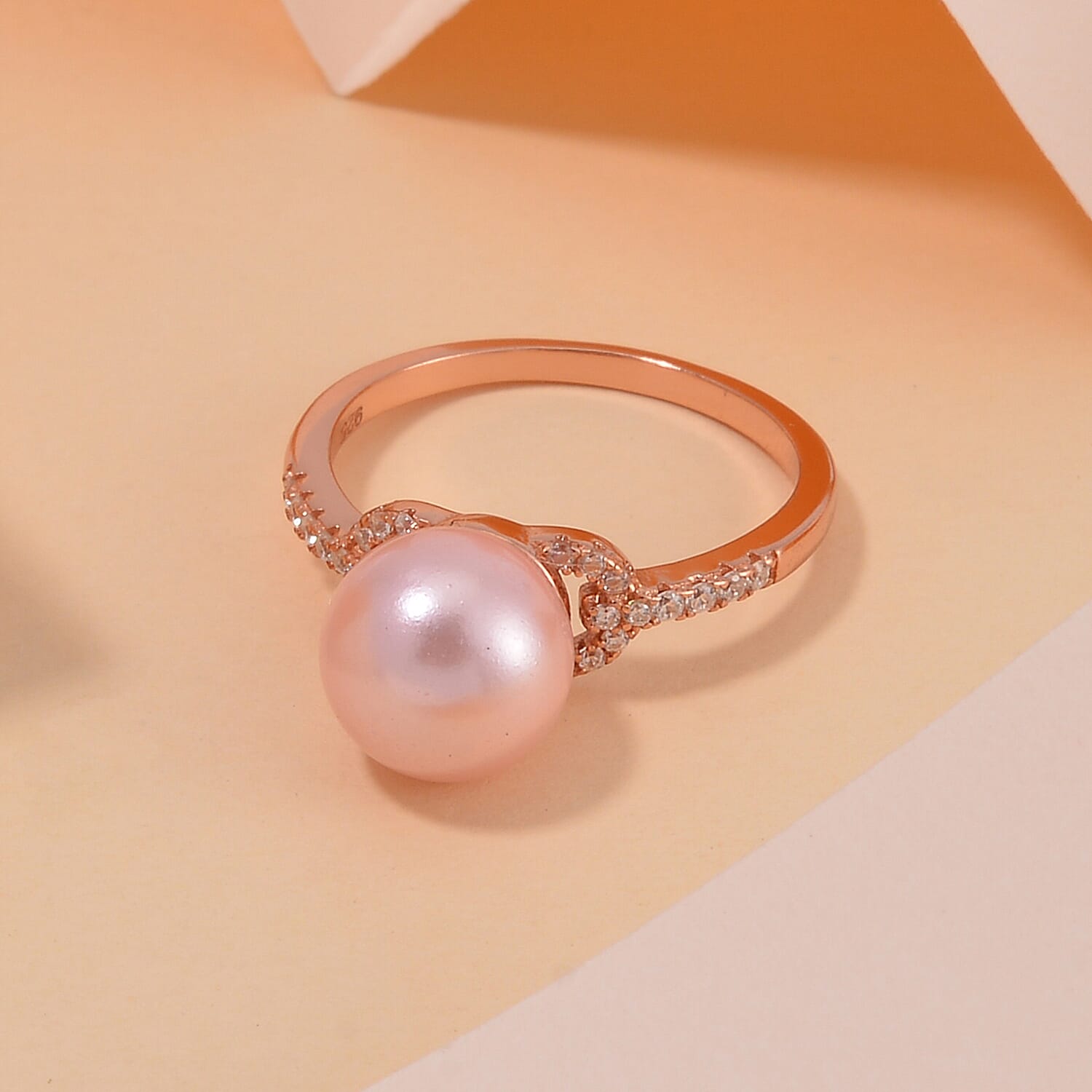 Pink Shell Pearl, Simulated Diamond Ring in 14K RG Over Sterling Silver (Size 10.0) 0.20 ctw