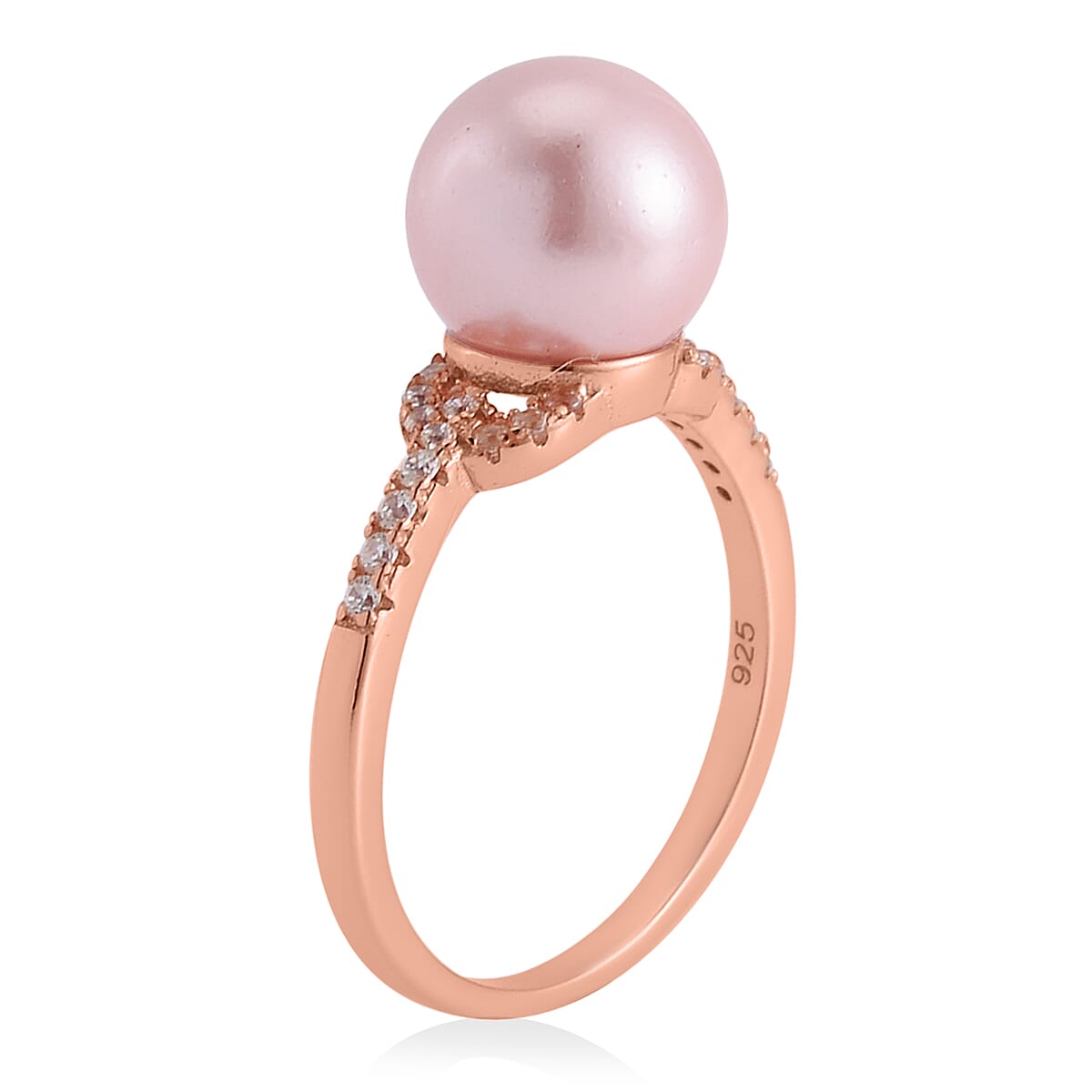 Pink Shell Pearl, Simulated Diamond Ring in 14K RG Over Sterling Silver (Size 10.0) 0.20 ctw