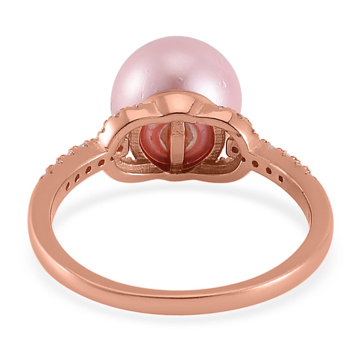Pink Shell Pearl, Simulated Diamond Ring in 14K RG Over Sterling Silver (Size 10.0) 0.20 ctw