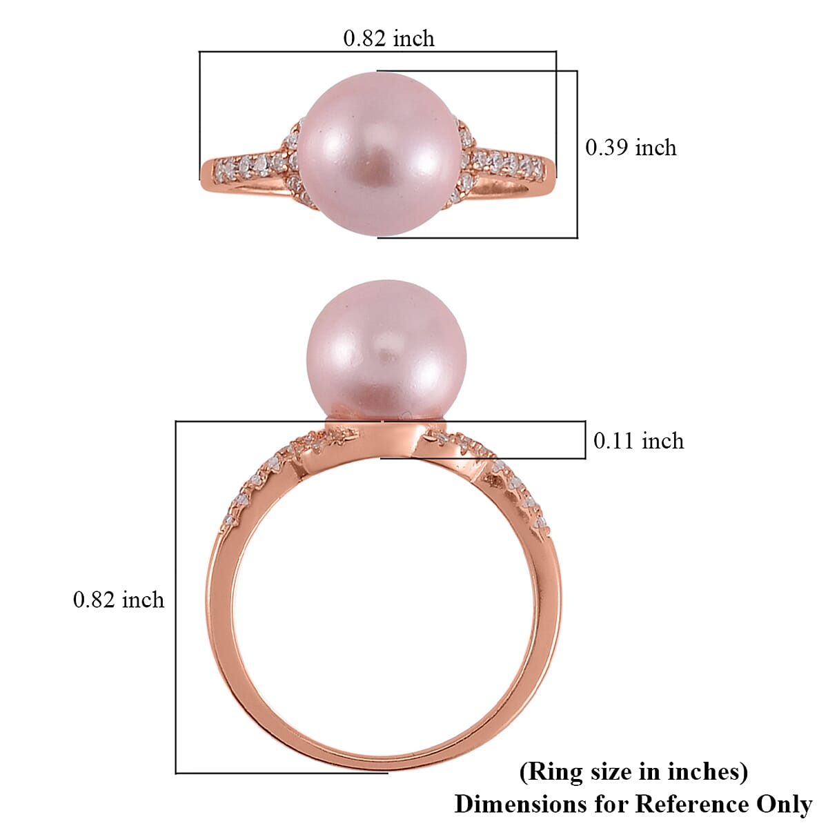 Pink Shell Pearl, Simulated Diamond Ring in 14K RG Over Sterling Silver (Size 10.0) 0.20 ctw