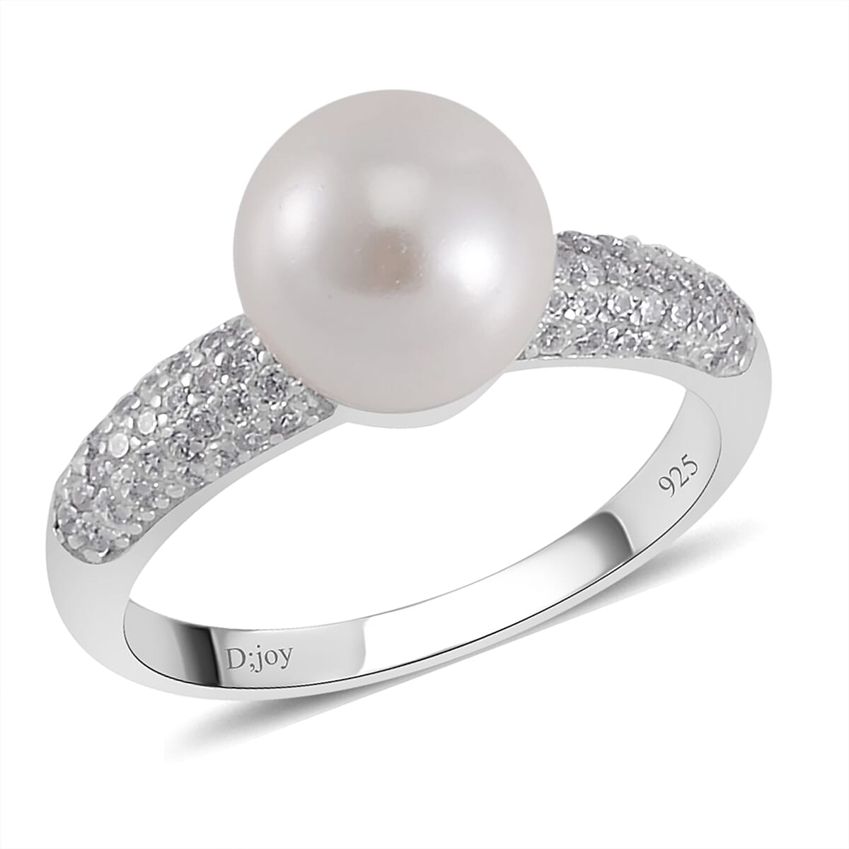 White Shell Pearl and Simulated Diamond Ring in Rhodium Over Sterling Silver (Size 10.0) 0.60 ctw