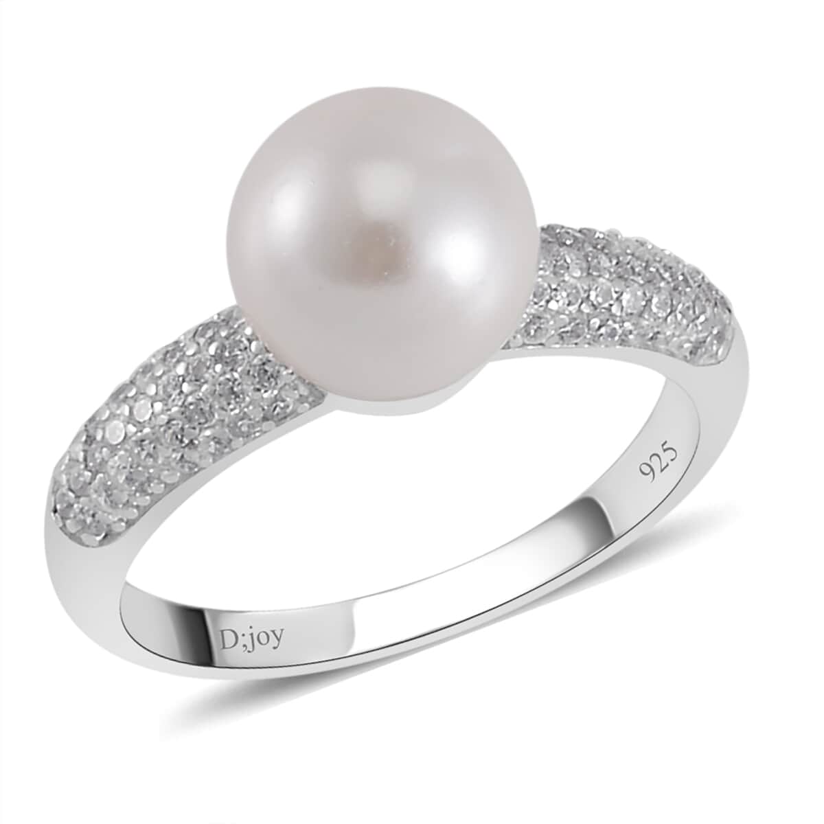 White Shell Pearl, Simulated Diamond Ring in Rhodium Over Sterling Silver (Size 10.0) 0.60 ctw image number 0