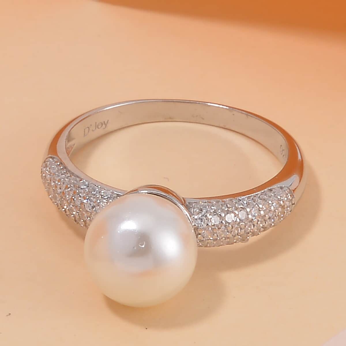 White Shell Pearl, Simulated Diamond Ring in Rhodium Over Sterling Silver (Size 10.0) 0.60 ctw image number 1