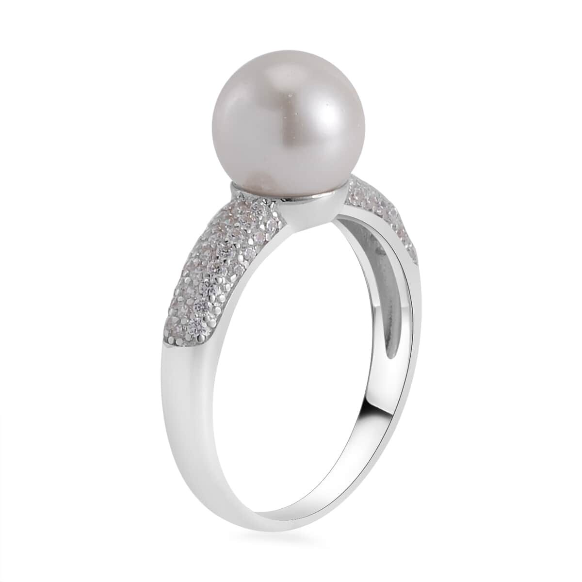 White Shell Pearl, Simulated Diamond Ring in Rhodium Over Sterling Silver (Size 10.0) 0.60 ctw image number 3