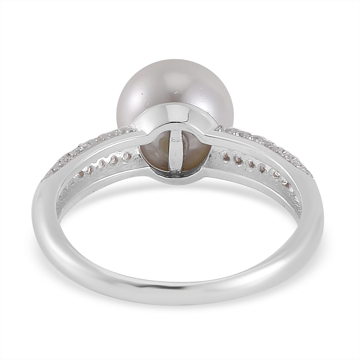 White Shell Pearl and Simulated Diamond Ring in Rhodium Over Sterling Silver (Size 10.0) 0.60 ctw