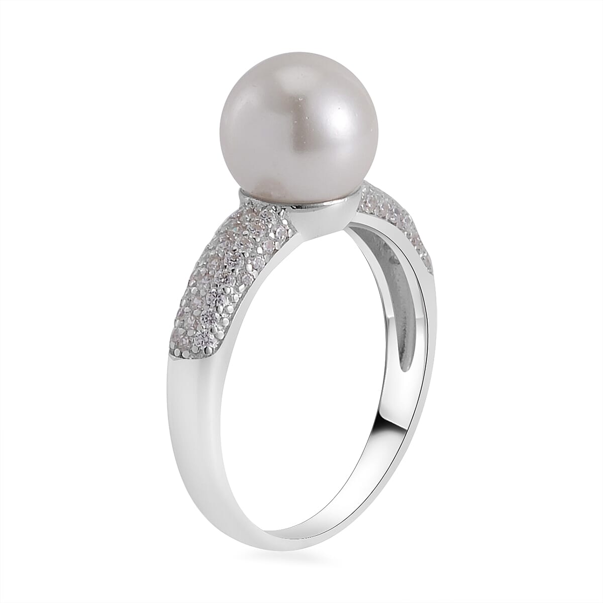 White Shell Pearl and Simulated Diamond Ring in Rhodium Over Sterling Silver (Size 7.0) 0.60 ctw image number 3