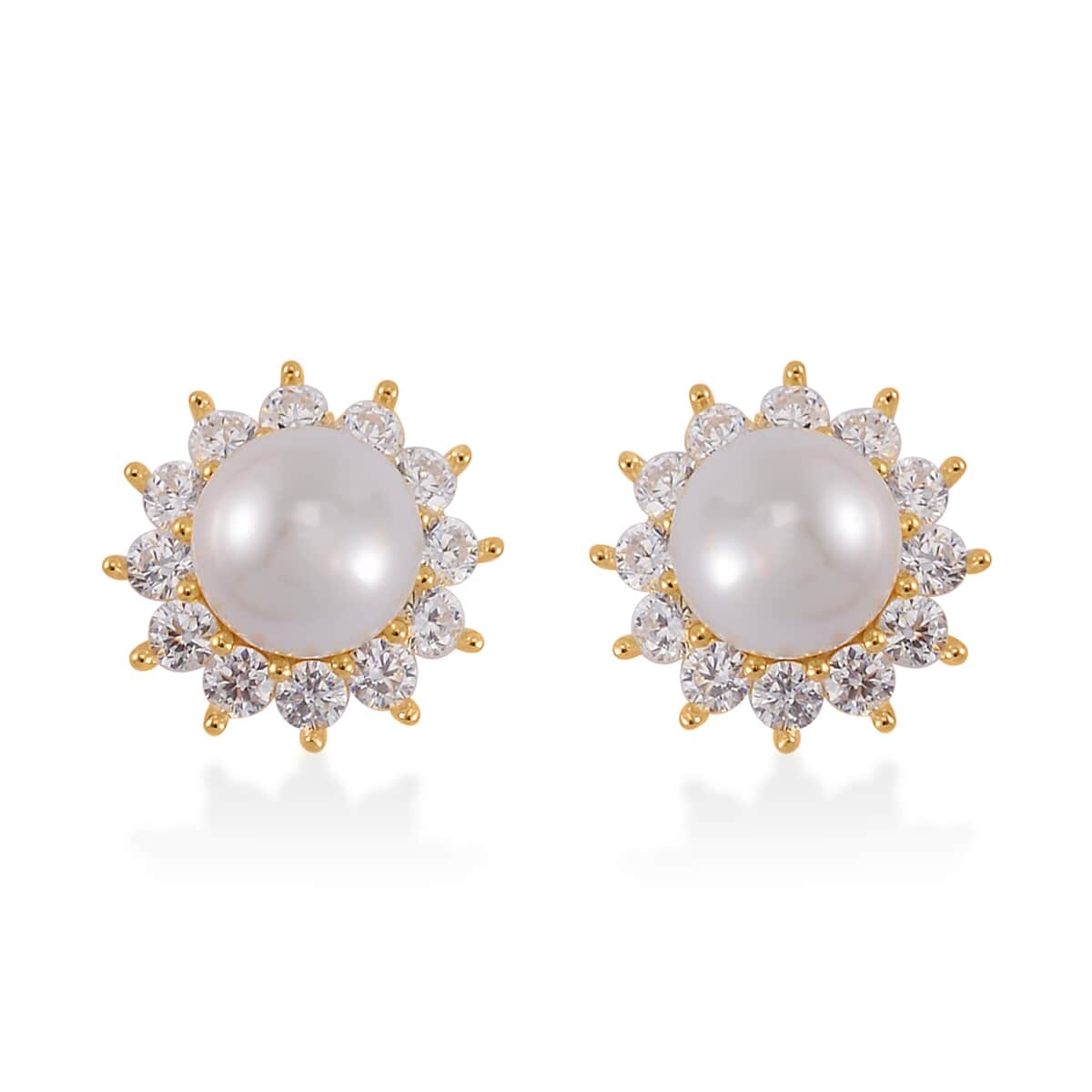 White Shell Pearl and Simulated Diamond Sunburst Earrings in 14K Yellow Gold Over Sterling Silver 1.65 ctw image number 0