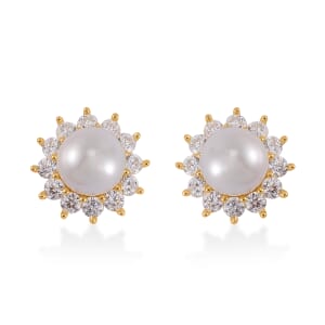 White Shell Pearl and Simulated Diamond Sunburst Earrings in 14K Yellow Gold Over Sterling Silver 1.65 ctw
