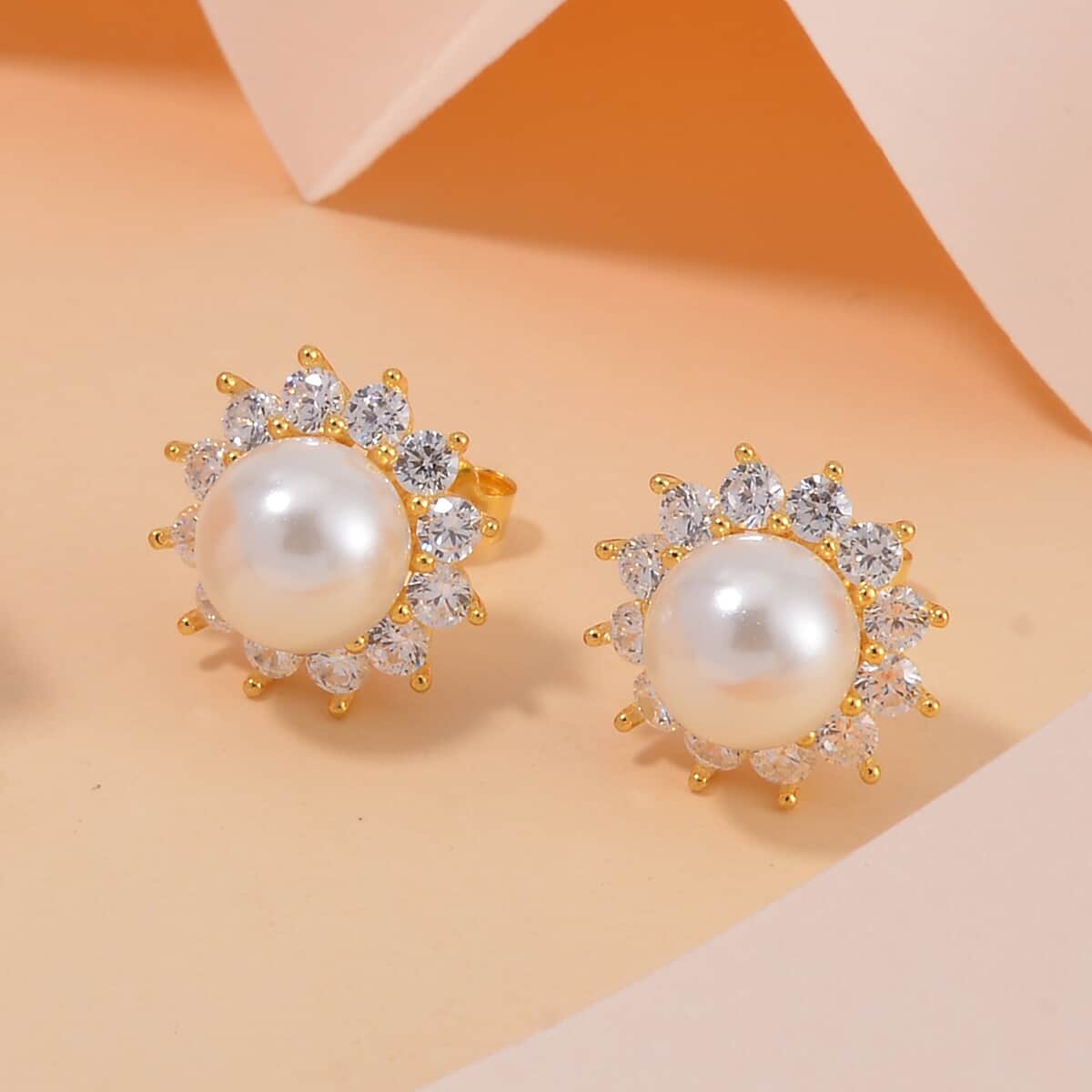 White Shell Pearl and Simulated Diamond Sunburst Earrings in 14K Yellow Gold Over Sterling Silver 1.65 ctw image number 1