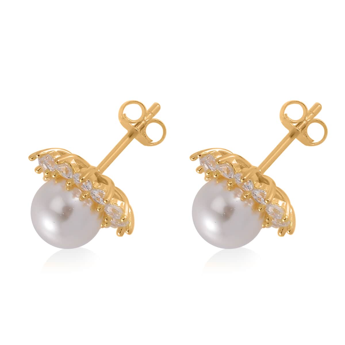 White Shell Pearl and Simulated Diamond Sunburst Earrings in 14K Yellow Gold Over Sterling Silver 1.65 ctw image number 3