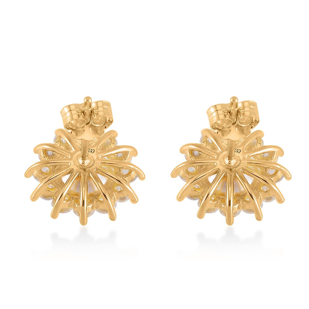 White Shell Pearl and Simulated Diamond Sunburst Earrings in 14K Yellow Gold Over Sterling Silver 1.65 ctw