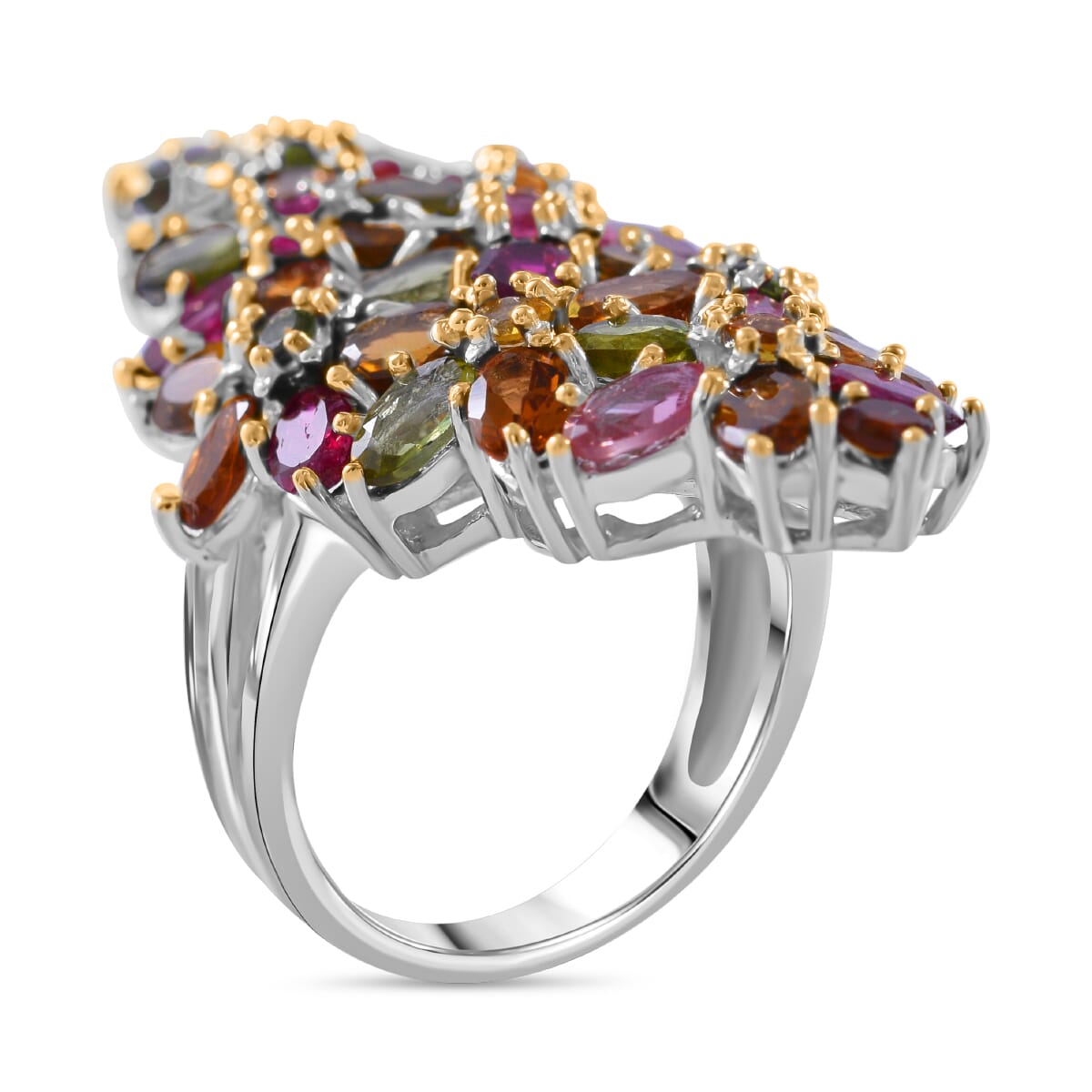 Multi-Tourmaline Elongated Floral Ring in Platinum Over Sterling Silver (Size 9.0) 9.00 ctw image number 0