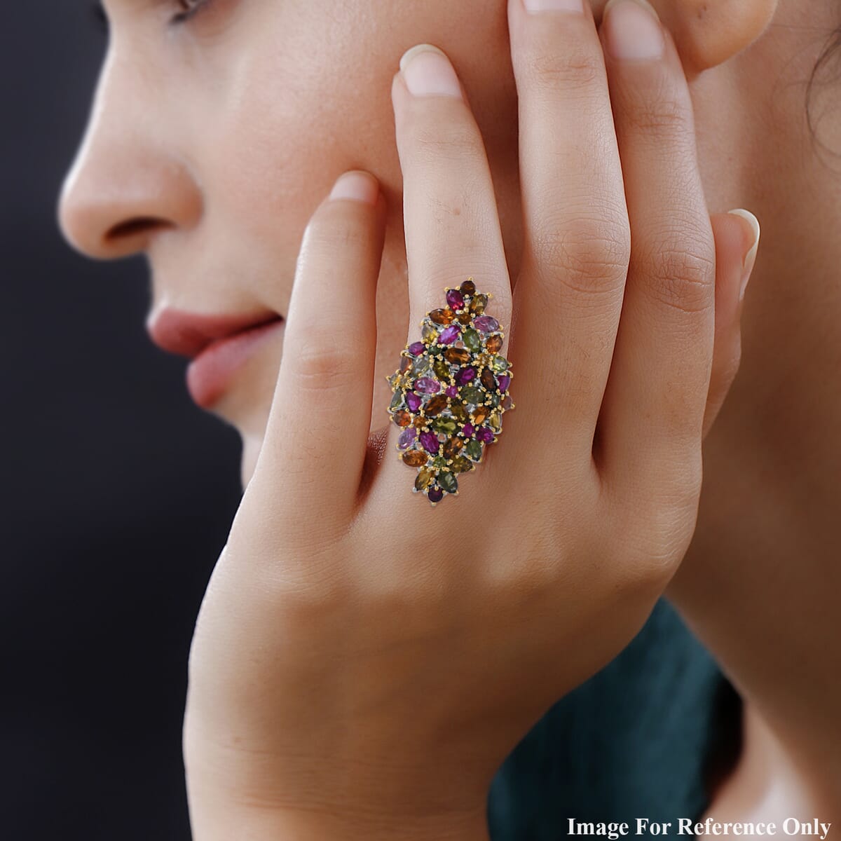 Multi-Tourmaline Elongated Floral Ring in Platinum Over Sterling Silver (Size 9.0) 9.00 ctw image number 1