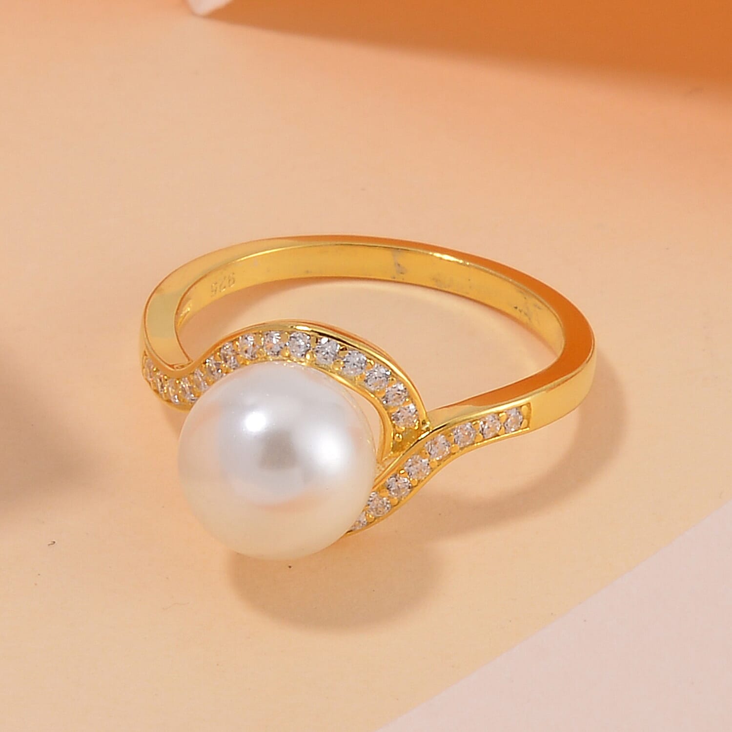 White Shell Pearl and Simulated Diamond Ring in 14K Yellow Gold Over Sterling Silver (Size 10.0) 0.15 ctw