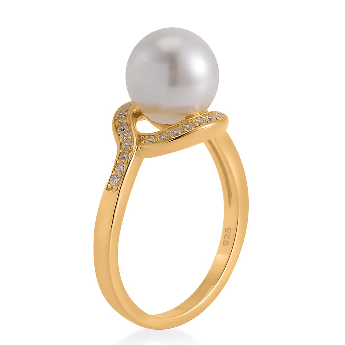 White Shell Pearl and Simulated Diamond Ring in 14K Yellow Gold Over Sterling Silver (Size 10.0) 0.15 ctw