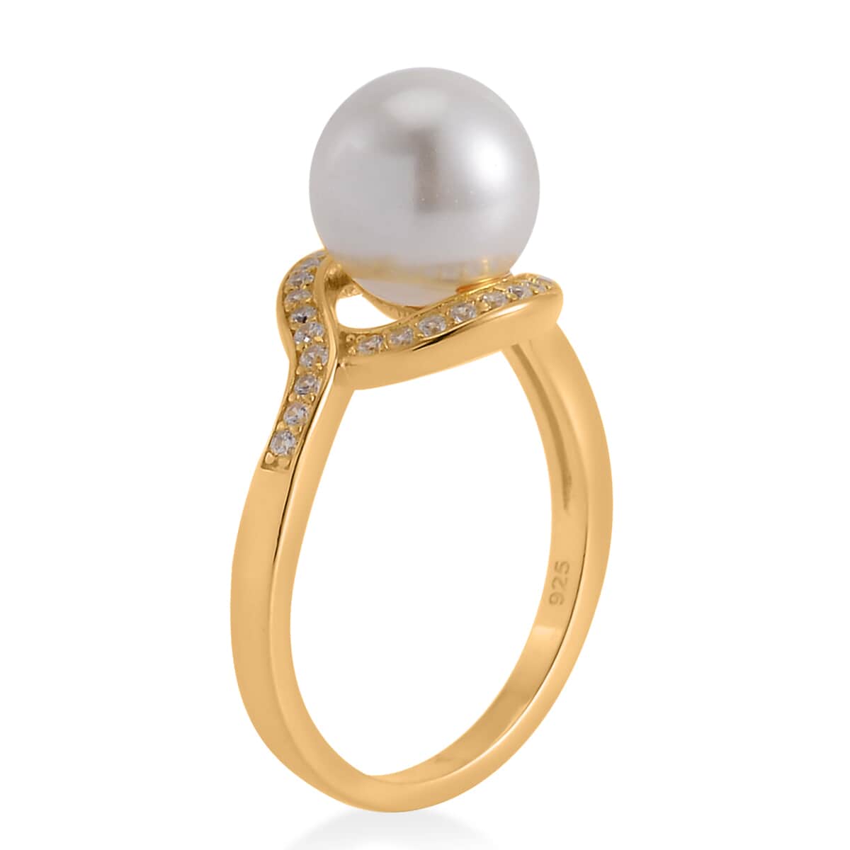 White Shell Pearl and Simulated Diamond Ring in 14K Yellow Gold Over Sterling Silver (Size 10.0) 0.15 ctw image number 3