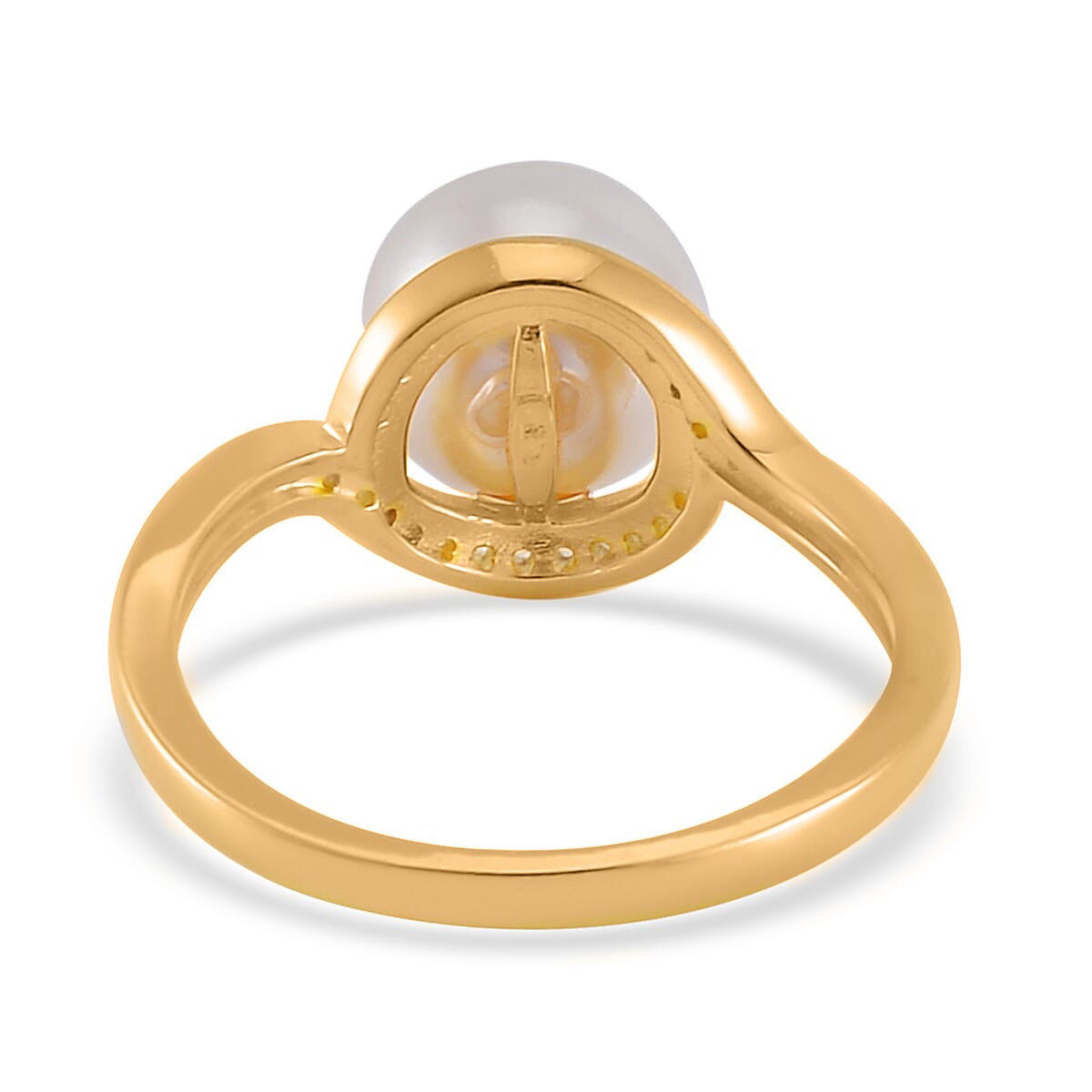 White Shell Pearl and Simulated Diamond Ring in 14K Yellow Gold Over Sterling Silver (Size 10.0) 0.15 ctw