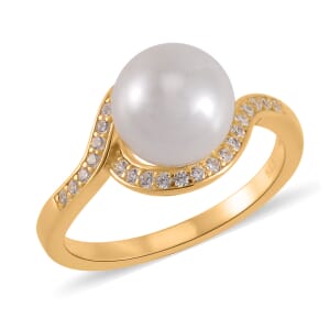 White Shell Pearl and Simulated Diamond Ring in 14K Yellow Gold Over Sterling Silver (Size 7.0) 0.15 ctw