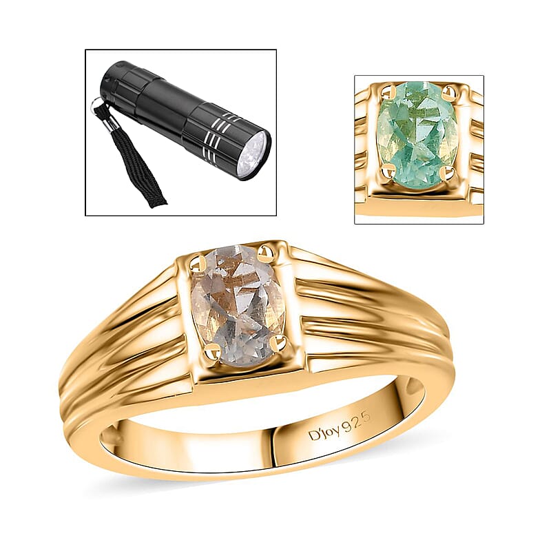 Mexican Hyalite Opal Solitaire Men's Ring in Vermeil Yellow Gold Over Sterling Silver (Size 9.0) with Free UV Flash Light 0.60 ctw