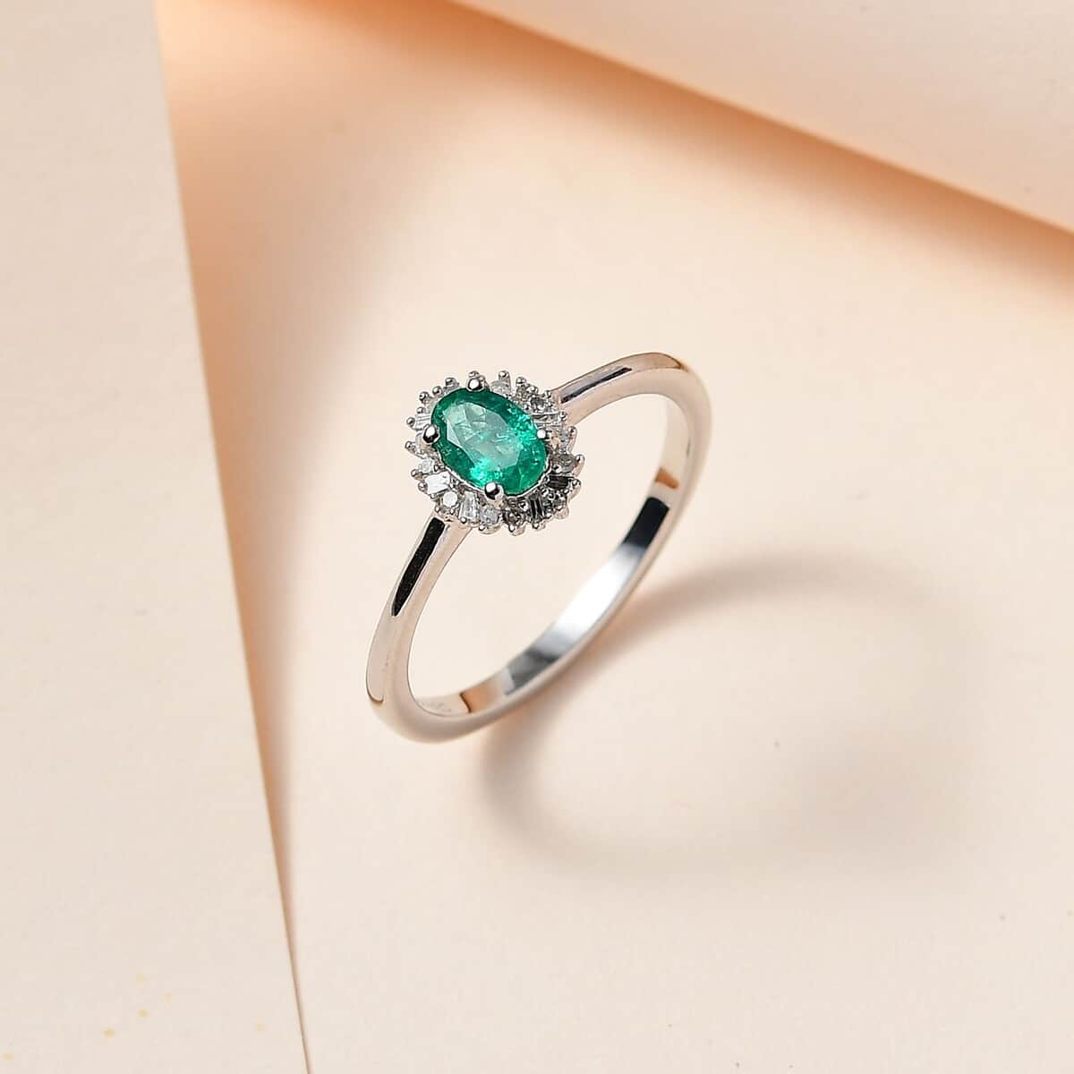 Kagem Zambian Emerald, Diamond Halo Ring in Platinum Over Sterling Silver (Size 7.0) 0.50 ctw image number 1