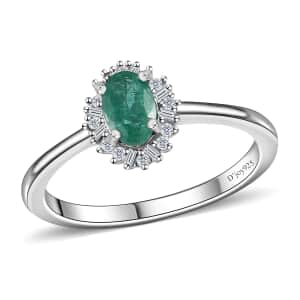 Kagem Zambian Emerald and Diamond Halo Ring in Platinum Over Sterling Silver (Size 6.0) 0.50 ctw