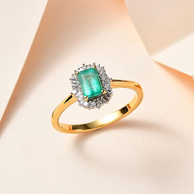 Kagem Zambian Emerald and Diamond Halo Ring in Vermeil Yellow Gold Over Sterling Silver (Size 10.0) 0.75 ctw