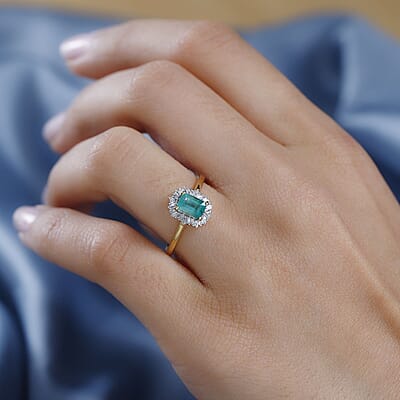 Kagem Zambian Emerald and Diamond Halo Ring in Vermeil Yellow Gold Over Sterling Silver (Size 10.0) 0.75 ctw