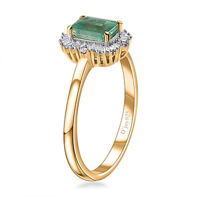 Kagem Zambian Emerald and Diamond Halo Ring in Vermeil Yellow Gold Over Sterling Silver (Size 10.0) 0.75 ctw