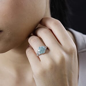 Premium Grandidierite and White Zircon Floral Ring in Platinum Over Sterling Silver (Size 7.0) 1.50 ctw