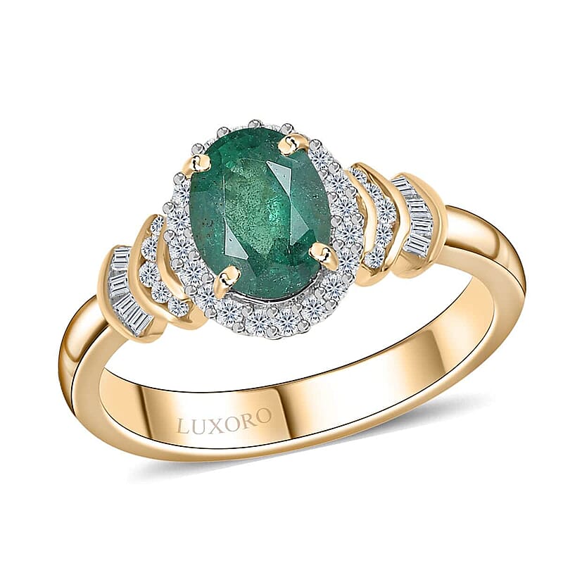 Luxoro 10K Yellow Gold Premium Kagem Zambian Emerald and G-H I2 Diamond Halo Ring (Size 10.0) 1.35 ctw