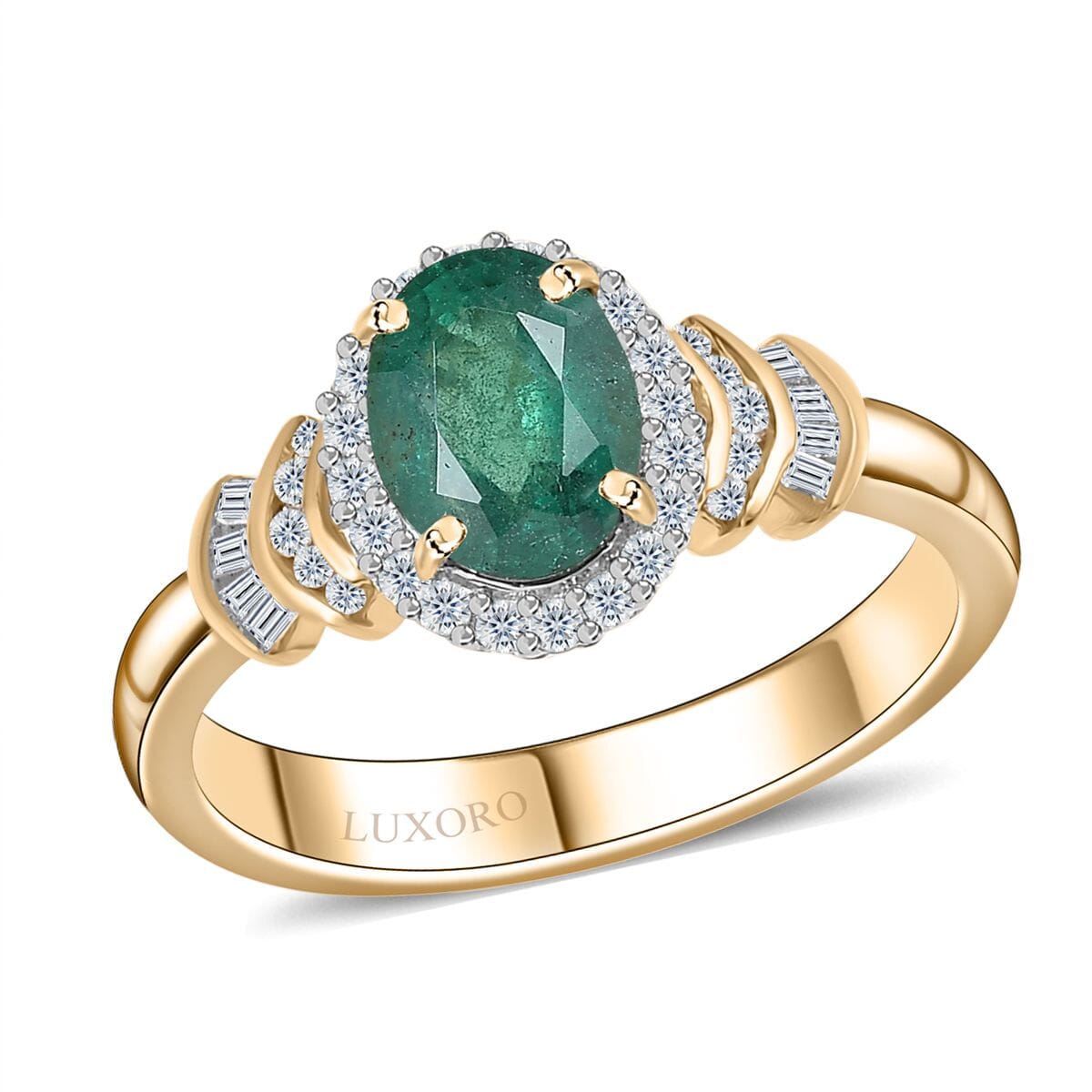 Luxoro 10K Yellow Gold Premium Kagem Zambian Emerald and G-H I2 Diamond Halo Ring (Size 8.0) 1.35 ctw image number 0