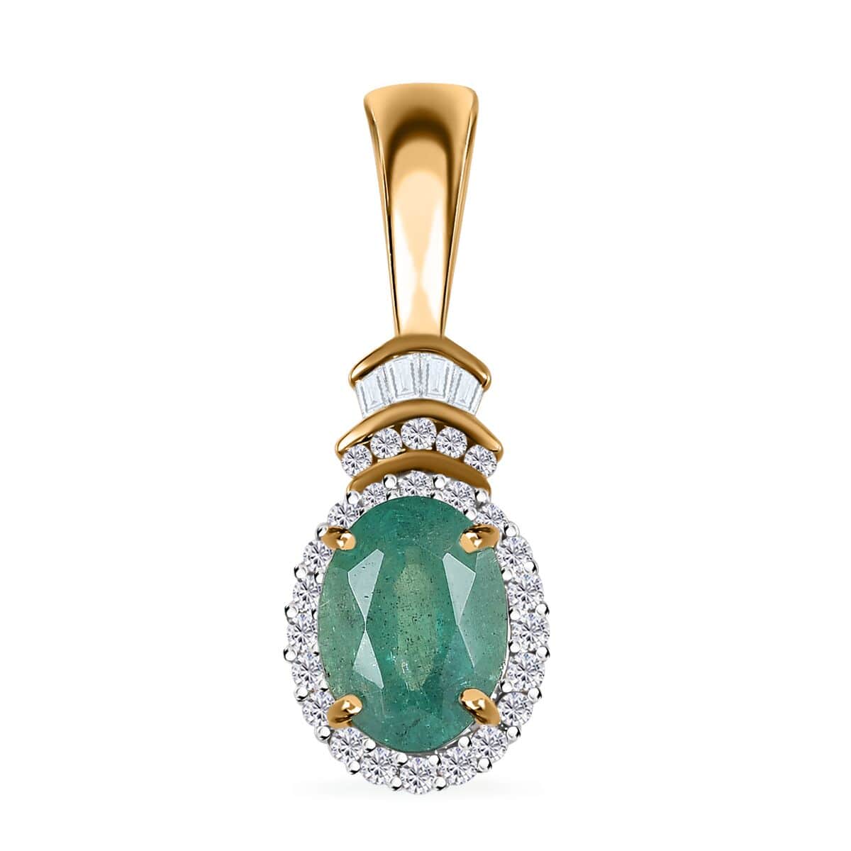 Luxoro 10K Yellow Gold Premium Kagem Zambian Emerald and G-H I2 Diamond Halo Pendant 1.35 ctw image number 0