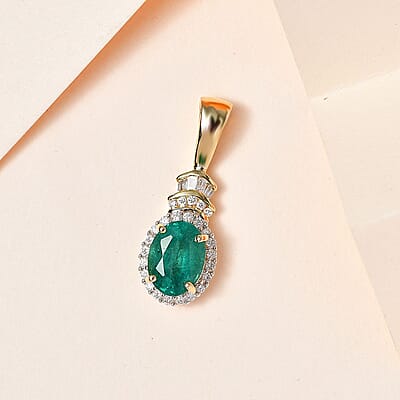 Luxoro 10K Yellow Gold Premium Kagem Zambian Emerald and G-H I2 Diamond Halo Pendant without Chain 1.35 ctw