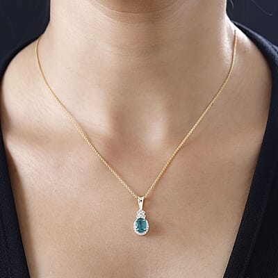 Luxoro 10K Yellow Gold Premium Kagem Zambian Emerald and G-H I2 Diamond Halo Pendant without Chain 1.35 ctw