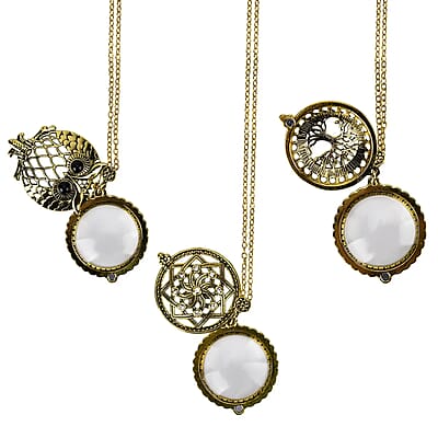 Set of 3 Vintage Hollow-Out Necklace with 5X Magnifying Lens in Goldtone 36 Inches
