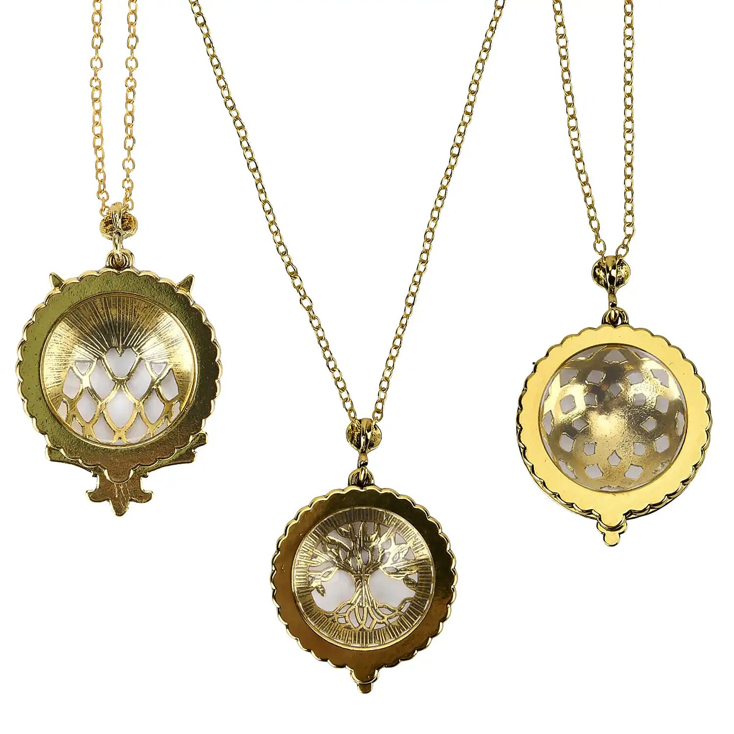 Set of 3 Vintage Hollow-Out Necklace with 5X Magnifying Lens in Goldtone 36 Inches