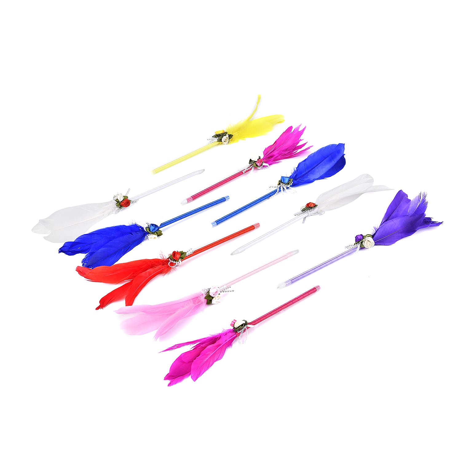 Set of 10 Multicolor Light-Weight Feather Pens (Black Ink)