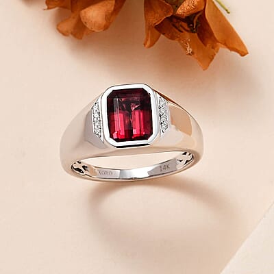 Luxoro AAA Ouro Fino Rubellite and G-H I2 Diamond 2.90 ctw Men's Ring in 14K White Gold (Size 10.0) 5.85 Grams