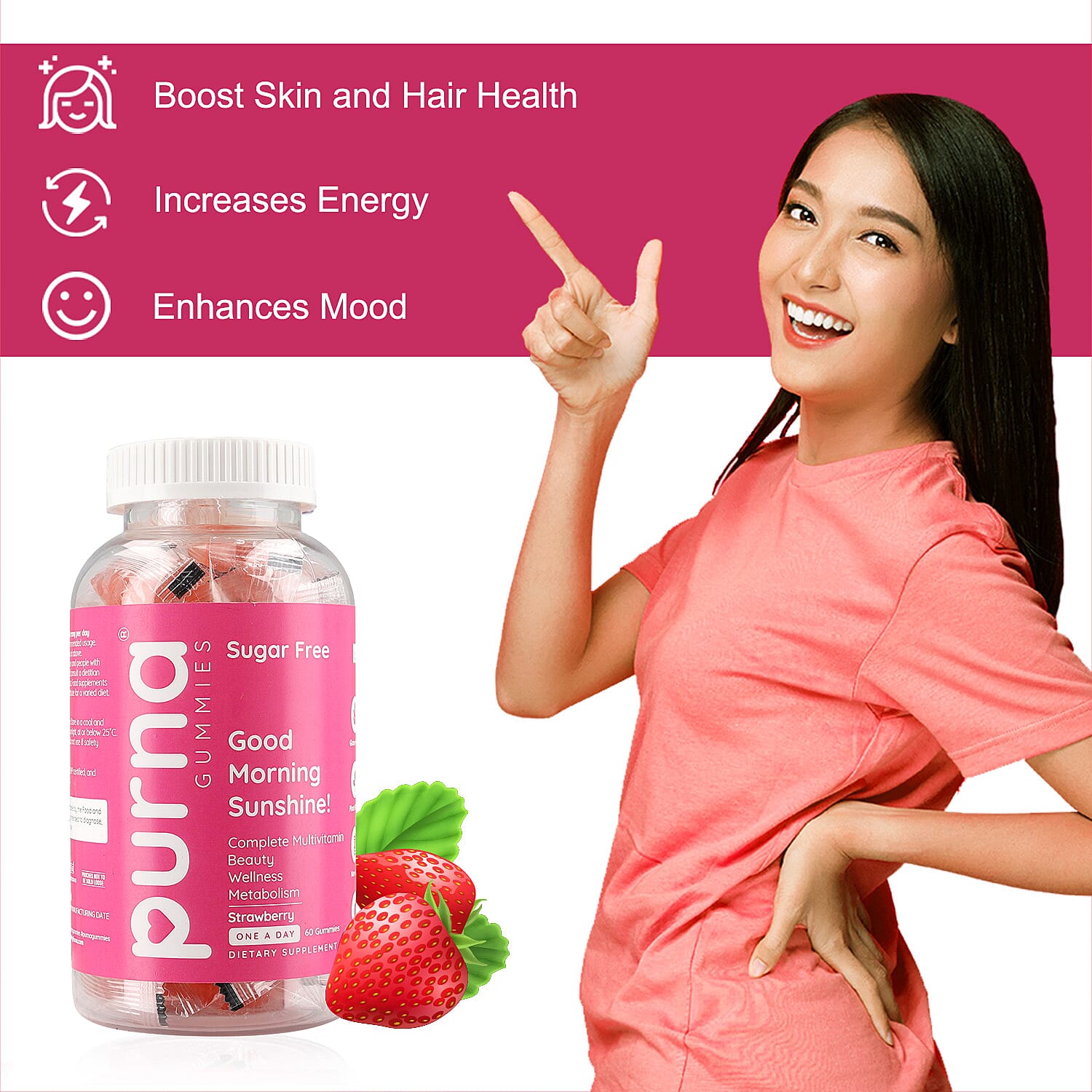 Purna Sugar Free Strawberry Flavored Complete Multivitamin Gummies (60 Gummies)