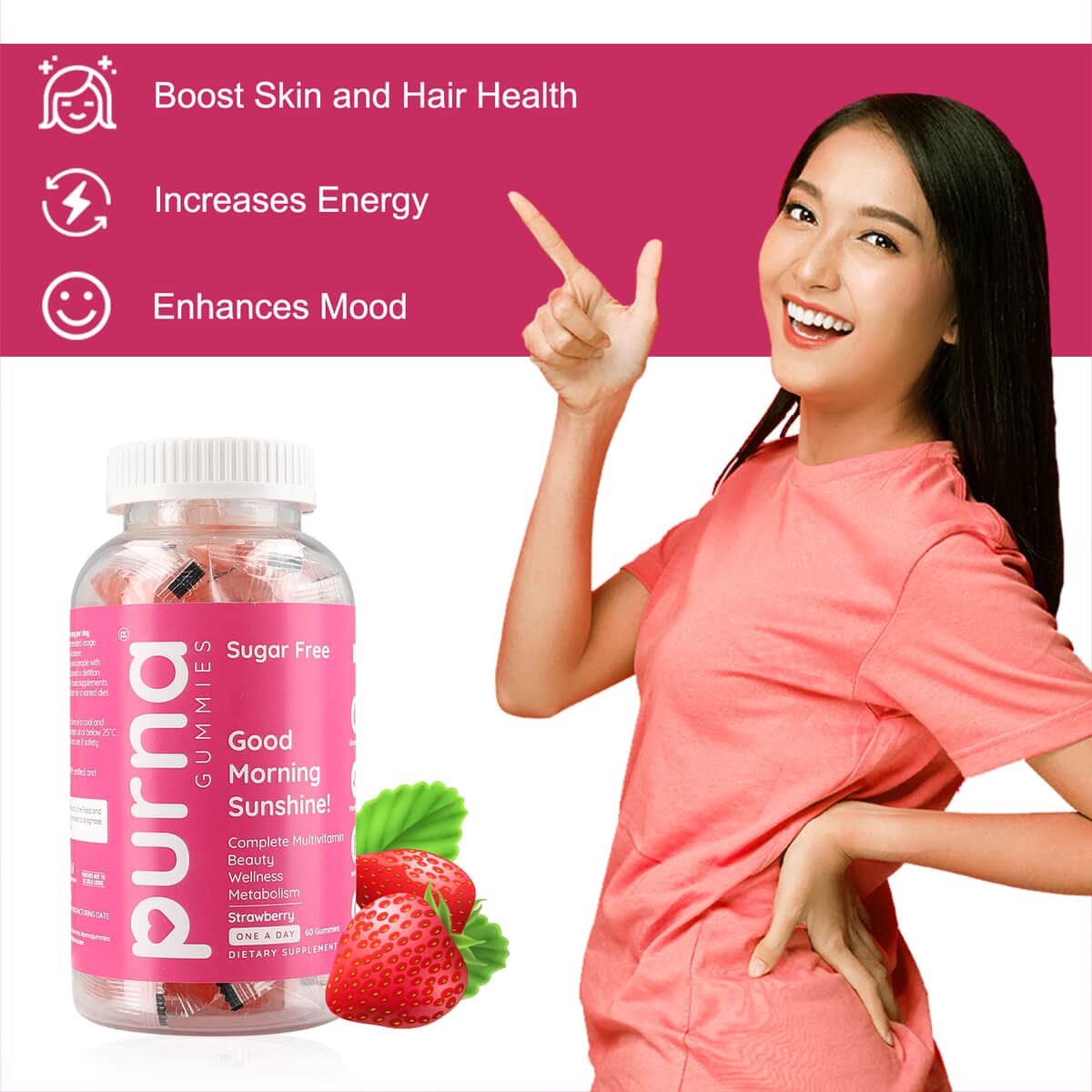 Purna Sugar Free Strawberry Flavored Complete Multivitamin Gummies (60 Gummies) image number 2