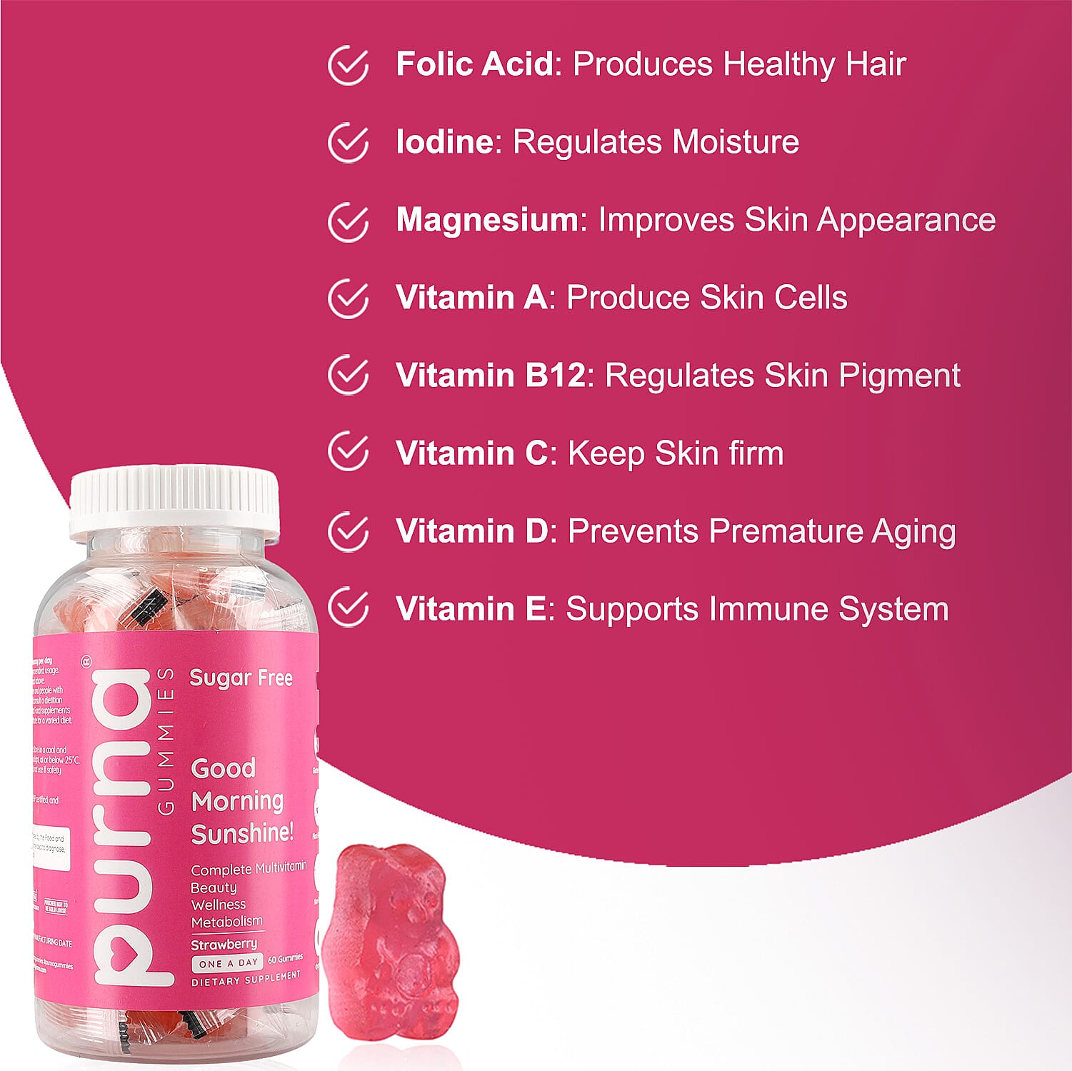 Purna Sugar Free Strawberry Flavored Complete Multivitamin Gummies (60 Gummies)
