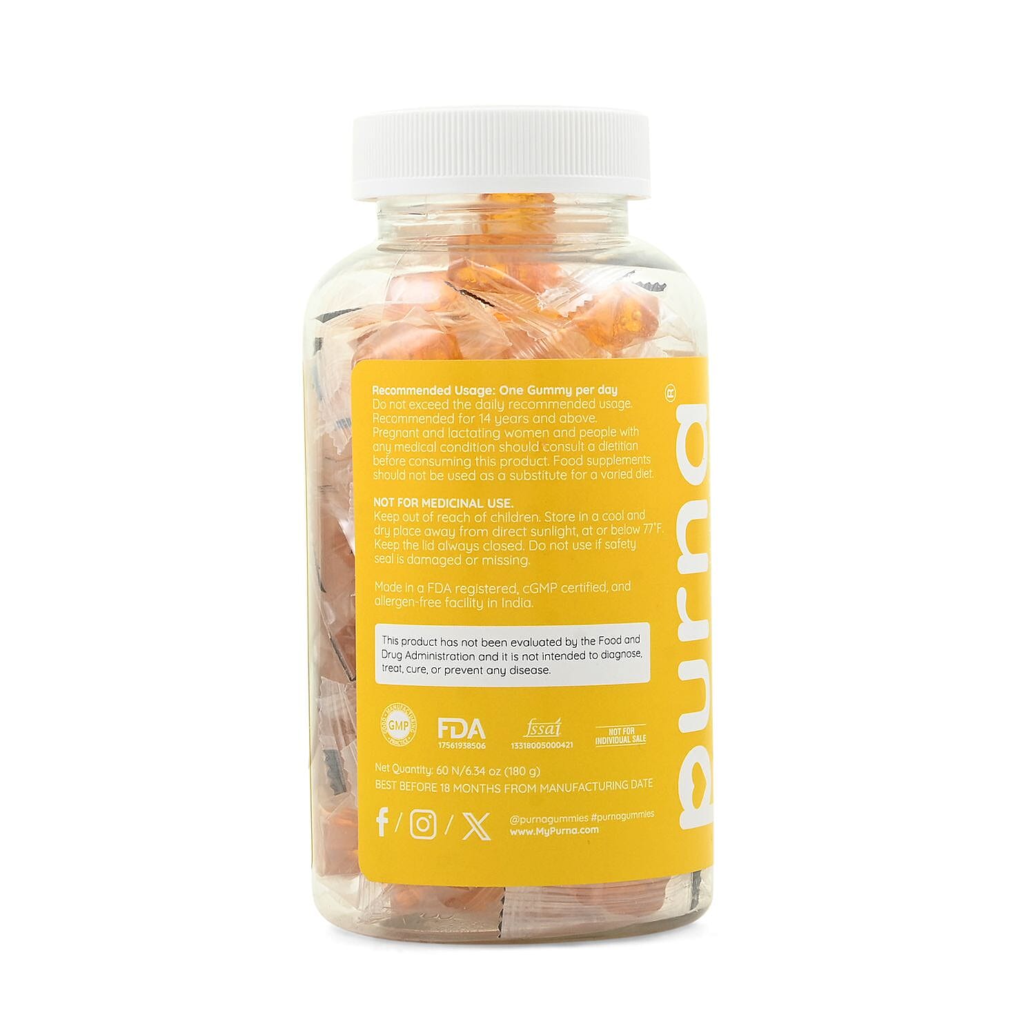 Purna Sugar Free Lemons Flavored Vitamin C Gummies (60 Gummies)