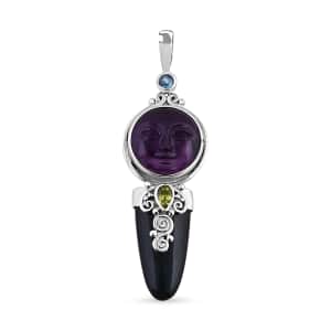 Sajen Silver Amethyst Carved and Multi Gemstone Pendant in Sterling Silver 28.00 ctw