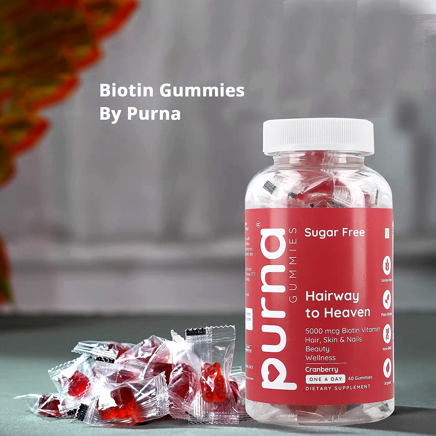 Purna Sugar Free Cranberry Flavored Biotin Gummies (60 Gummies)