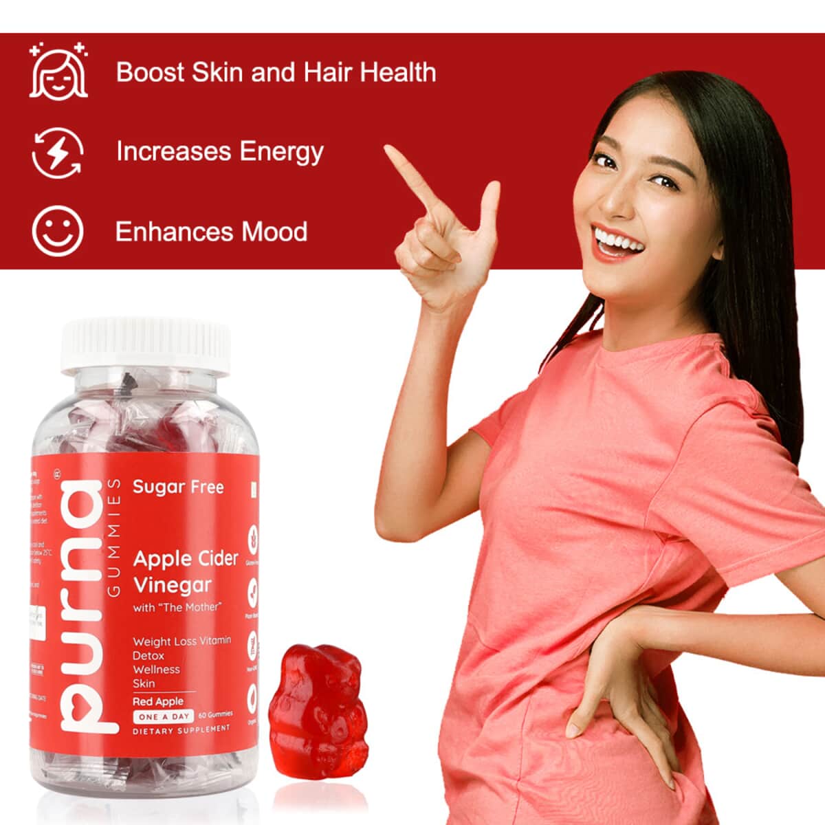 Purna Sugar Free Apple Cider Vinegar Flavored Weight Loss Gummies (60 Gummies) image number 2