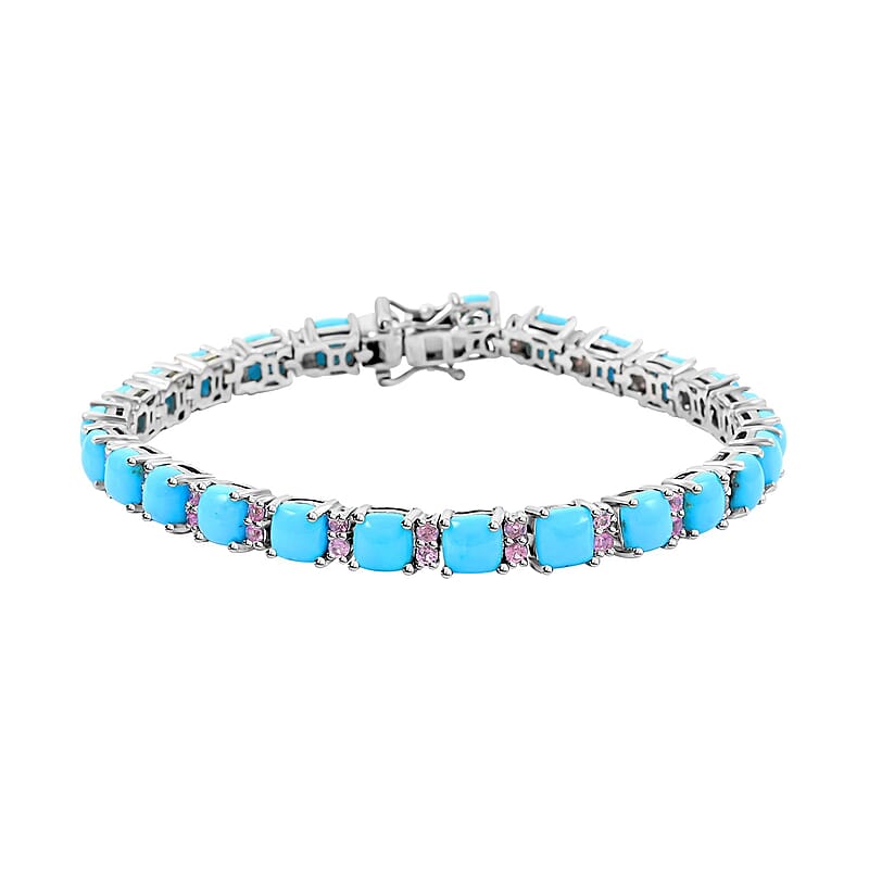 Sleeping Beauty Turquoise and Madagascar Pink Sapphire Bracelet in Platinum Over Sterling Silver (7.25 In) 14.60 ctw