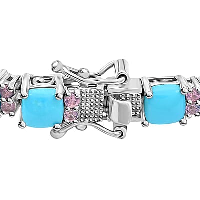 Sleeping Beauty Turquoise and Madagascar Pink Sapphire Bracelet in Platinum Over Sterling Silver (7.25 In) 14.60 ctw