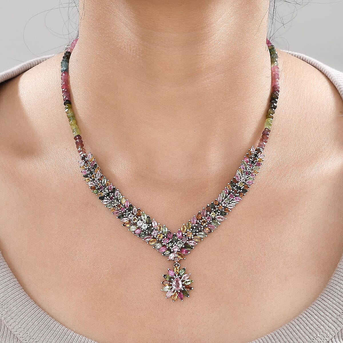 Multi-Tourmaline Necklace 18-20 Inches in Platinum Over Sterling Silver 62.25 ctw image number 2